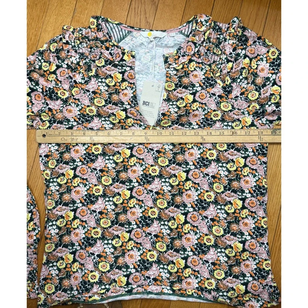 Boden Women Floral Cotton Smocked Ruffle Split Neck Top‎ Multicolor US 6